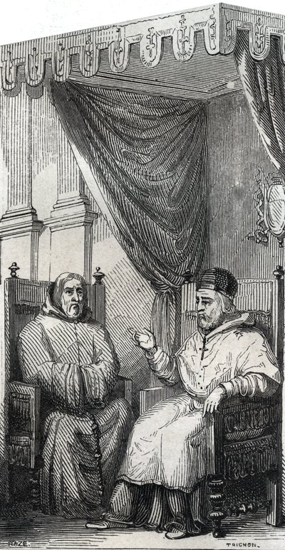 František z Paoly zakladatel římskokatolického řádu minimů a papež Sixtus IV - Saint Francois de Paule (Francesco di Paola) (1416-1507), zakladatel řádu Minimes s papežem Sixtem IV - rytina z roku 1846 v „Životech Svatí““. Soukromá sbírka od Anonymous Anonymous