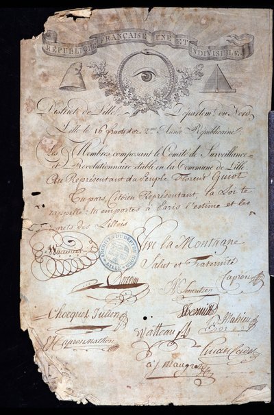 Francouzská revoluce: potvrzení o občanství Guiota de Saint-Florent (Saint Florent) dit Florent-Guiot (nebo Florent-Guyot) (1735-1834), revolucionář a zástupce lidu, revolučním výborem v Lille ze 16 let II. (02/09/1 od Anonymous Anonymous