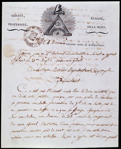 Francouzská revoluce: první strana a záhlaví vojenského správního dopisu 4 mlha rok III (25/10/1794) ze dne 18 Frimaire rok III (08/12/1794) s republikánským nápisem „Liberte Egalite, Fraternite ou la Mort“ a symboly z Franco-Maconnerie. od Anonymous Anonymous