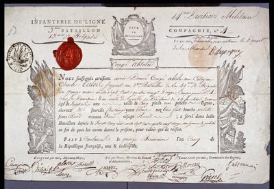 Francouzská revoluce: oficiální dokument vojenského shromáždění ze dne 15. Brumaire rok V (05/11/1796) seržanta z okresu Coutances. Archiv departementu Nord Lille od Anonymous Anonymous