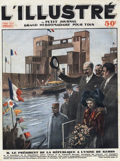 Francouzský průmysl: Albert Lebrun (1871-1950), prezident republiky a Edouard Herriot (1872-1957), předseda rady, slavnostně otevřeli vodní elektrárnu Kembs v Haut-Rhin (Haut Rhin) v Alsasku. Rytina nadpisu „“ L