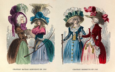 Zleva doprava: Převrácený člunový klobouk; Závitový klobouk v roce 1787 - soukromá sbírka od Anonymous Anonymous