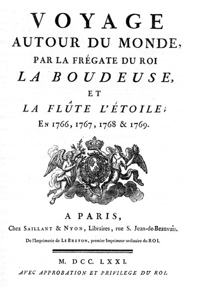 Frontispis z roku 1771 knihy „“ Cesta kolem světa královské fregaty La Boudeuse a flétny L