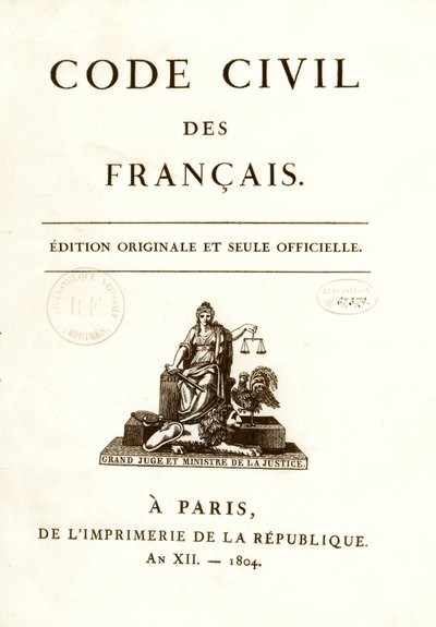 Frontispice jednoho z dvanácti původních vydání „Code civil des francais““ vyhlášeného Napoleonem Bonapartem dne 21.3.1804. Francouzský zákon o občanských právech. B.N. Paříž od Anonymous Anonymous