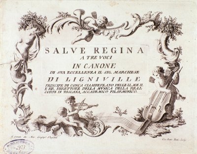 Frontispis hudební partitury hymny Salve regina pro tři hlasy od markýze z Ligneville (1768) od Anonymous Anonymous