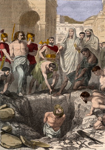 Galové pohřbení Římany – Rytina 19. století v „“ Národní historii ilustrovaná Francie od nejvzdálenějších dob až po současnost“ 1876 – Soukromá sbírka od Anonymous Anonymous