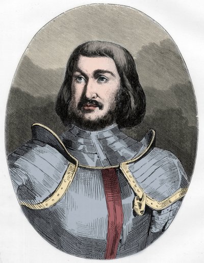 Gilles de Laval, Lord of Rais (1404-1440) - Portrét Gilles de Rais (Retz ou Rays) (1404-1440), společník v náručí Johanky z Arku - rytina z roku 1863 v „Červené knize - Histoire De L