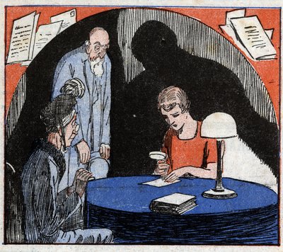 Grafologie: grafolog, konzultovaný starým manželským párem, čte lupou ručně psané písmo jednotlivce, aby odvodil psychologické rysy. Rytina v „“Le Petite Journal llustrious”” 1926. Soukromá sbírka. od Anonymous Anonymous
