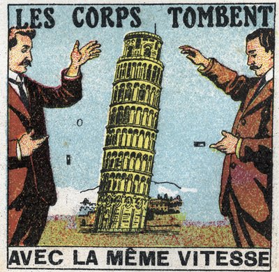 Gravitace: tělesa padají stejnou rychlostí. Využití věže v Pise k ilustraci zákonů padajících těl. Anonymní ilustrace z roku 1925. Soukromá sbírka. od Anonymous Anonymous