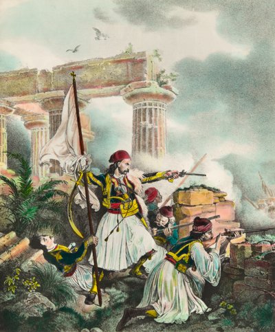 Válka za nezávislost Řecka proti Osmanské říši: prapor se tyčí do Salony od Nickolaki Mitropolos po povstání 25.3.1821. Litografie soukromé sbírky 19. století od Anonymous Anonymous