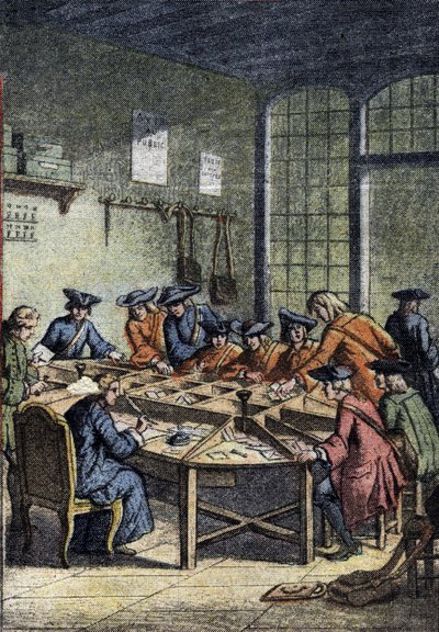 Historie pošty: třídírna za vlády Ludvíka XV. (18. století). Detail „“Le petit journal““ z 15.4.1920. Soukromá sbírka od Anonymous Anonymous