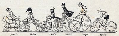 Historie jízdního kola: různé modely jízdních kol od roku 1700 do roku 1928. Rytina v „“Le petit journal illustrious““ od Anonymous Anonymous