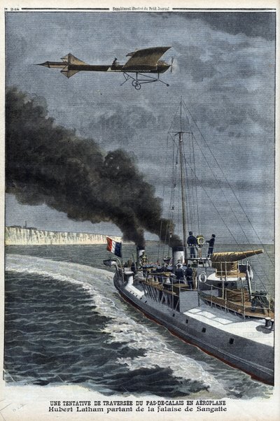 Hubert Latham (1883-1912), francouzský letec, opouštějící Sangatte v jednoplošníku 