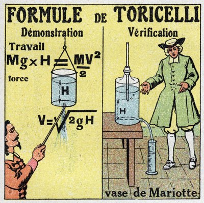 Hydraulika: demonstrace a ověření Toricelliho formule. Italský fyzik Evangelista Torricelli nebo Toricelli (1608-1647) dal vzorec pro výpočet průtoku kapaliny, když člověk zná výšku jejího pádu. Vpravo váza o od Anonymous Anonymous