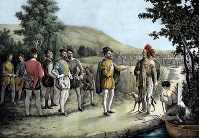 Jacques Cartier, jeho první rozhovor s indiány v Hochelaga nyní Montreal v roce 1535 (litho od Anonymous Anonymous