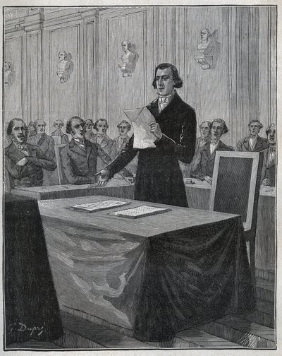 Jean Baptiste (Jean-Baptiste) Andre Dumas (1800-1884) Francouzský chemik předložil Akademii věd svou zprávu o vynálezu Ruolz a Elkington. Rytina z roku 1885 v „“Les arts et metiers illustres““ od Adolphe BITARDA. od Anonymous Anonymous