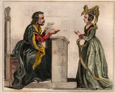 Jehan Pastoret (1328-1405), předseda pařížského parlamentu za vlády Karla V. s urozenou ženou, nosící liripion. Rytina z roku 1859 v „“ Le Monde. Dějiny všech národů od nejvzdálenějších dob až po současnost“. od M. E. de Losal od Anonymous Anonymous