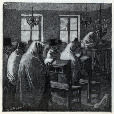 Židovské svátky: fideles během modlitby uvnitř oratoře během prázdnin. Rytina v „Le monde illustree““ z roku 1892. Soukromá sbírka. od Anonymous Anonymous