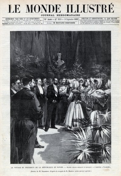 Cesta Sadiho Carnota (1837-1894) do Savojska: prezidenta republiky vítají v Chambery mladé dívky, které mu nabízejí kytici květin. Noviny. Rytina v „Le monde illustree““ z roku 1892. Soukromá sbírka. od Anonymous Anonymous