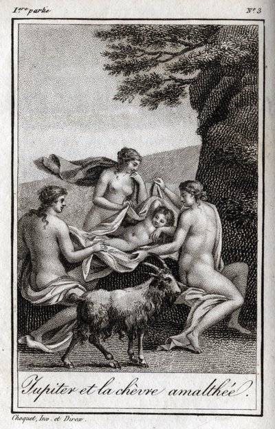 Jupiterské dítě krmené kozou Amalthee. Rytina z roku 1819 v „Lettres a Emilie sur la mythologie“ od Charlese Alberta Demoustiera (1760-1801). Soukromá sbírka. od Anonymous Anonymous