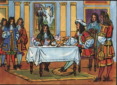 Král Ludvík XIV. (1638-1715) přijal komika a dramatika Jeana Baptista Poquelina dit Moliere (1622-1673) během snídaně za přítomnosti soudu na zámku ve Versailles. Anonymní ilustrace v „“ Collection des souverains et chefs d