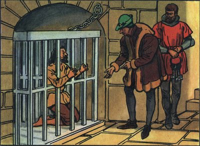 Král Ludvík XI. na návštěvě v klecích věznice Bastille. Anonymní ilustrace ve „Sbírce panovníků a hlav států Francie““. 20. století. Soukromá sbírka. od Anonymous Anonymous