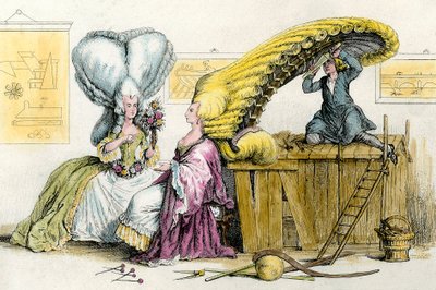 Velké výstřední účesy: mladé ženy šlechty stylizované parukou. Rytina ze soukromé sbírky z roku 1788 od Anonymous Anonymous