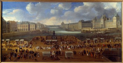 Le Pont Neuf při pohledu od vchodu na Place Dauphine, průchod průvodu na mostě v roce 1669 Anonymní obraz. Slunce. 0,81x1,62 m Paříž, muzeum Carnavalet od Anonymous Anonymous