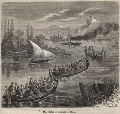 Vězení v Toulonu – řetěz klesající po Rhoně – rytina do „Historie věznic od jejich vzniku po současnost“ (1877) od Pierra Zacconeho (1817-1895) (Colonia Penale – Trestná kolonie) od Anonymous Anonymous