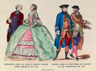 Vlevo: Elegante s velkými košilovými šaty, mondainský abbé v roce 1760/vpravo: Mladí muži v loveckém a vycházkovém obleku v roce 1760 (vláda krále Ludvíka XV.) - soukromá sbírka od Anonymous Anonymous