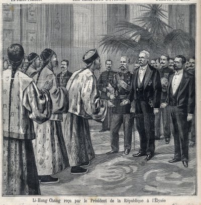 Li Hongzhang přijal prezident republiky Felix Faure (1841-1899) v Elysejském paláci. Rytina „Le Petite Parisien““ od Anonymous Anonymous