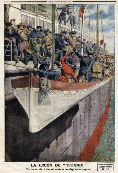 Cvičení se záchranným člunem na palubě parníku po potopení RMS Titanic 15. dubna 1912, Ilustrace z francouzských novin Le petit Journal, 2. června od Anonymous Anonymous