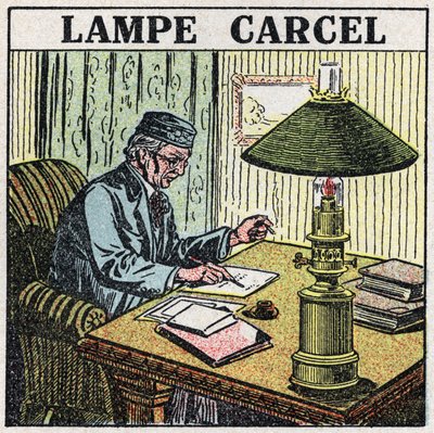 Světelné zdroje: Carcel lampa, vynalezená Guillaume Carcel (1750-1812) a využívající rostlinný olej. Anonymní ilustrace z roku 1925. Soukromá sbírka. od Anonymous Anonymous
