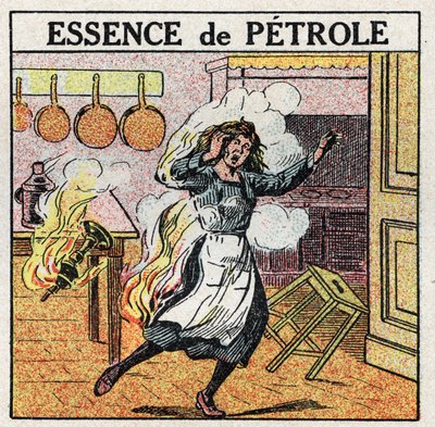 Světelné zdroje: žena se vznítila při manipulaci s lampou naftovým benzínem. Anonymní ilustrace z roku 1925. Soukromá sbírka. od Anonymous Anonymous