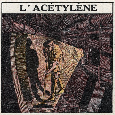 Světelné zdroje: osvětlení acetylenem používaným v bubnech. Anonymní ilustrace z roku 1925. Soukromá sbírka. od Anonymous Anonymous