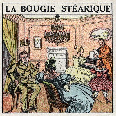 Světelné zdroje: stearová svíčka používaná na lustrech v 19. století. Anonymní ilustrace z roku 1925. Soukromá sbírka. od Anonymous Anonymous