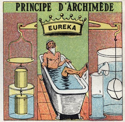 Rovnováha kapalin: Archimedův princip (tlačení těles do vody). Při koupeli si Archiméde ze Syrakus (287 př. n. l. – 212 př. n. l.) všiml, že jeho noha je z vody těžší než ve vodě, a zvolal: „Heuréko! “. Anonymní ilustrace z roku 1925. Pr od Anonymous Anonymous