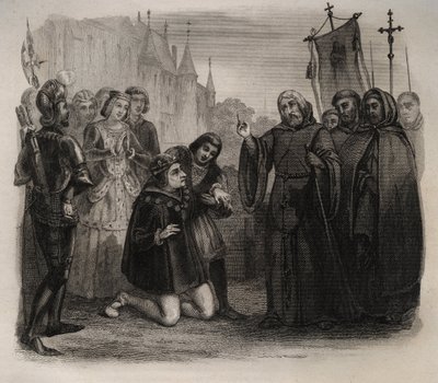 Ludvík XI. (1423-1483) žádající o jeho guerison Francois de Paule (1416-1507) Rytina z roku 1846 v „Životech svatých““. Soukromá sbírka. od Anonymous Anonymous