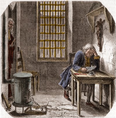 Ludvík XVI. (1754-93) čte svou poslední vůli v chrámu 1792 - Ludvík XVI. čte svou vůli ve věži chrámu 25. prosince 1792 - rytina do „Histoire des Girondins“ od Alphonse de Lamartine (1790-1869) 1865-1866 - Soukromá sbírka od Anonymous Anonymous