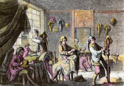 Móda Ludvíka XV.: pohled do interiéru parukového kadeřnictví. Rytina kolem roku 1755. Soukromá sbírka od Anonymous Anonymous