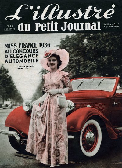 Lynne Lassal Miss Francie 1936 na soutěži automobilové elegance. Jeden z časopisů „L