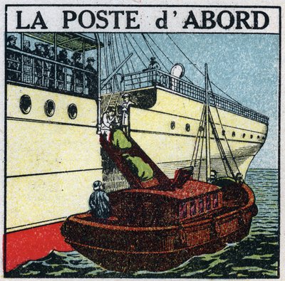 Pošta: loď doručující poštu na palubě parníku (pošta jako první). Anonymní ilustrace z roku 1925. Soukromá sbírka. od Anonymous Anonymous