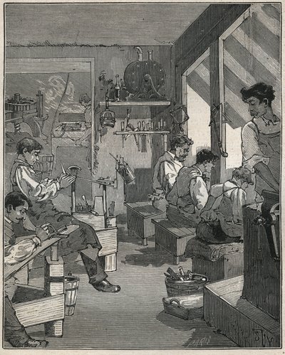 Výroba hřebenů v dílně ve Francii v 19. století. Rytina z roku 1885 v „“Les arts et metiers illustres““ od Adolphe BITARDA. od Anonymous Anonymous