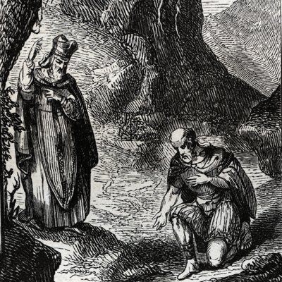 Martial de Limoges nebo Saint Martial (3. století) převádějící vůdce keltského lidu Lemovice - rytina z roku 1846 v „“Životy svatých“““. Soukromá sbírka. od Anonymous Anonymous