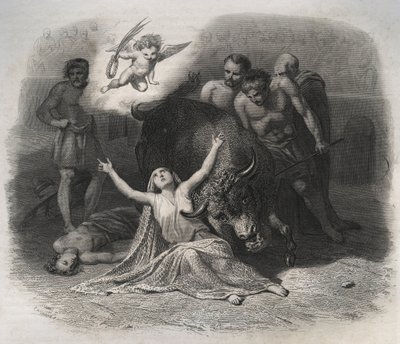 Mučednictví svaté Blandiny z Lyonu a Ponticu v aréně v roce 177 během pronásledování prvních křesťanů. Rytina z roku 1846 v „Životech svatých““. Soukromá sbírka. od Anonymous Anonymous