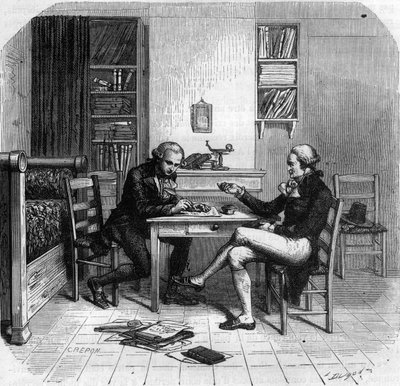 Maximilien de Robespierre 1758-1794, francouzský politik, člen výboru pro veřejnou bezpečnost s Mauricem Duplayem ve svém pokoji - Chambre de Maximilien de Robespierre chez Maurice Duplay (1736-1820) rue Saint-Honore a Paris - rytina v „Histoire des Gi od Anonymous Anonymous