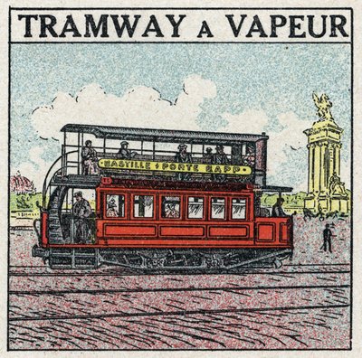 Mechanická trakce: parní tramvaj se objevila v Paříži na konci 19. století na trati Bastille - dveře Bapp. Anonymní ilustrace z roku 1925. Soukromá sbírka. od Anonymous Anonymous