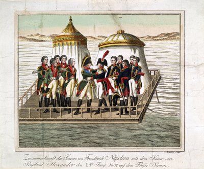 Setkání císařů Alexandra I. Ruského a Napoleona I. Francouzského v Nemanu u Tilsitu - Anonymní - 1807 - Lept, akvarel - 29,7x39,7 - Soukromá sbírka od Anonymous Anonymous