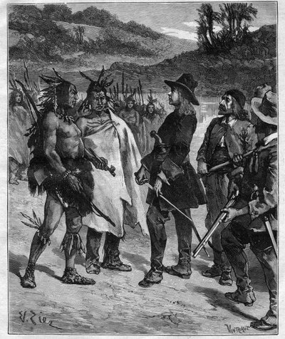 Setkání Roberta Caveliera de La Salle (1643-1687) s indiány Ameriky poblíž jezera Peoria rytina v „Journal des voyages““ z roku 1889 od Anonymous Anonymous