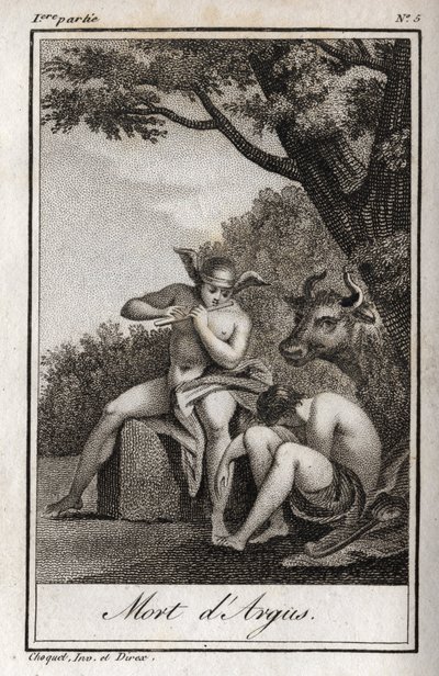 Merkur a Argus (Merkur a Argus). Death of Argus: Mercury hrál na flétnu, aby usnul Argus a vysvobodil nymfu Io, proměněnou v krávu. Rytina z roku 1819 v „Lettres a Emilie sur la mythologie“ od Charlese Alberta Demoustiera (1760-1801). od Anonymous Anonymous